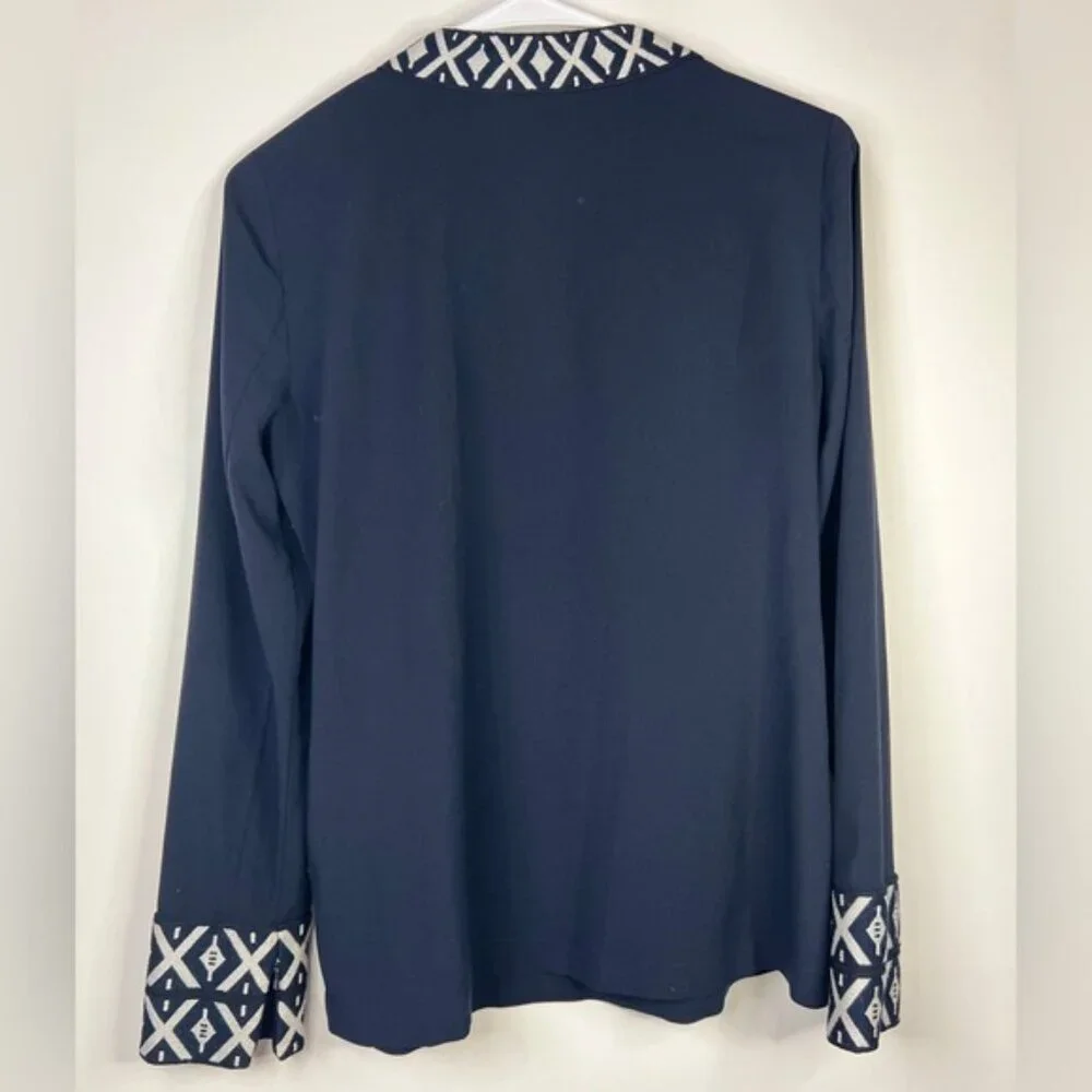 TORY‎ BURCH ARIANA V Neck Tunic with Taping Blouse Embroidered Knit Trim Size 4